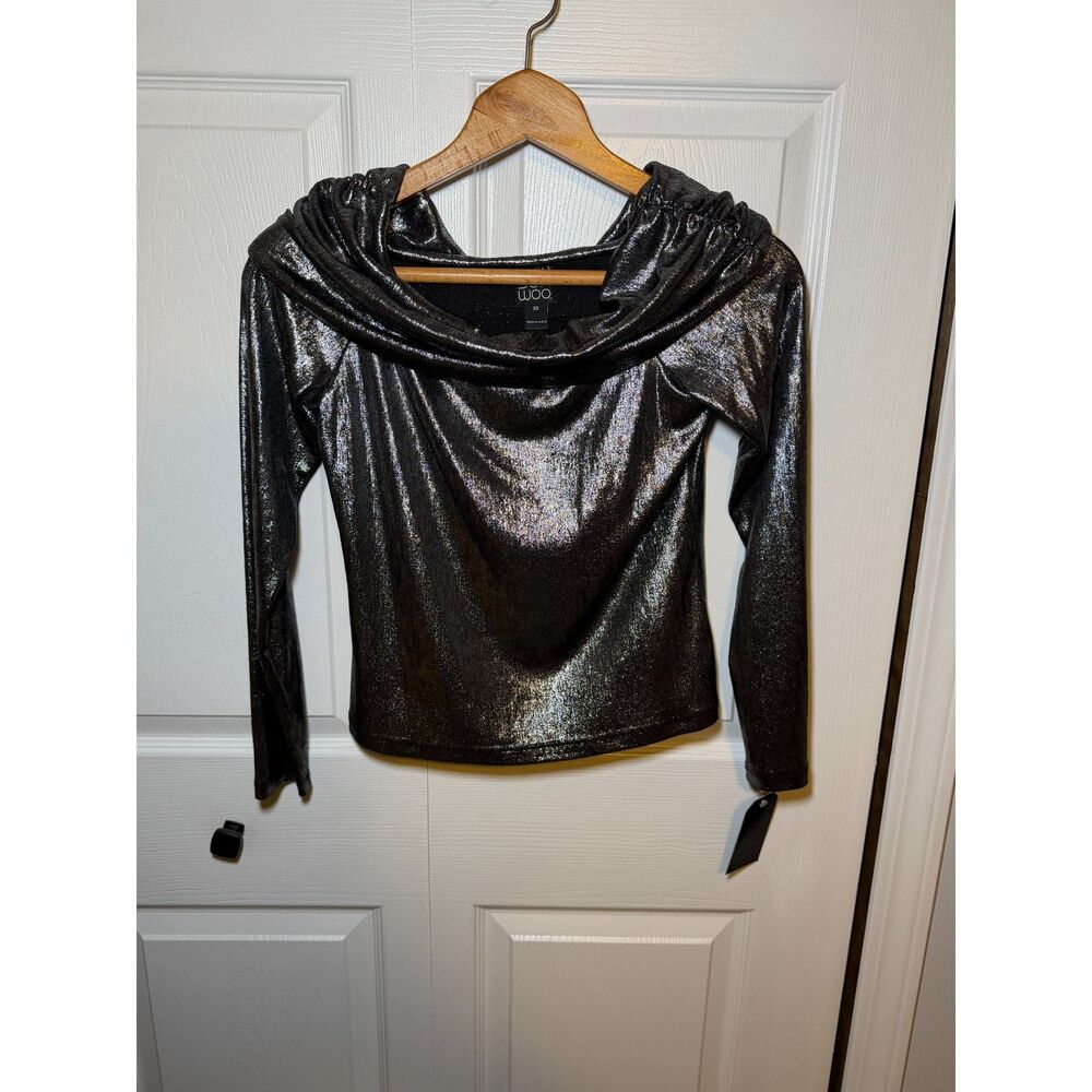 Clara Sun Woo Metallic Shimmer Cowl Neck Top XS NWT Silver Black